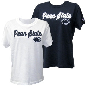 white and navy women's short sleeve t-shirts with script Penn State and embroidered Athletic Logo